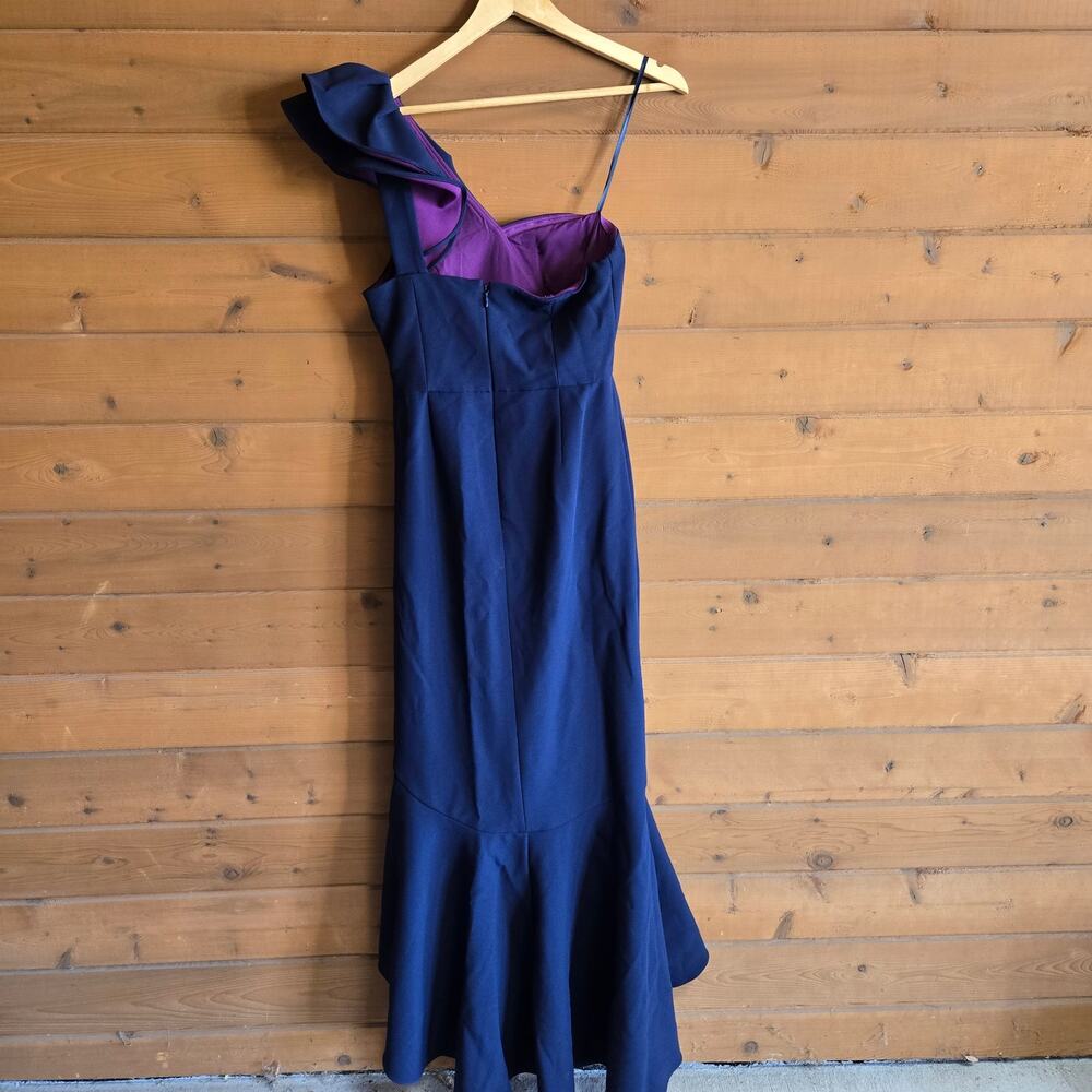BCBGMAXAZRIA Dress One Shoulder High Low Ruffled Gown Navy 8 Formal Wedding Prom - Picture 6 of 9